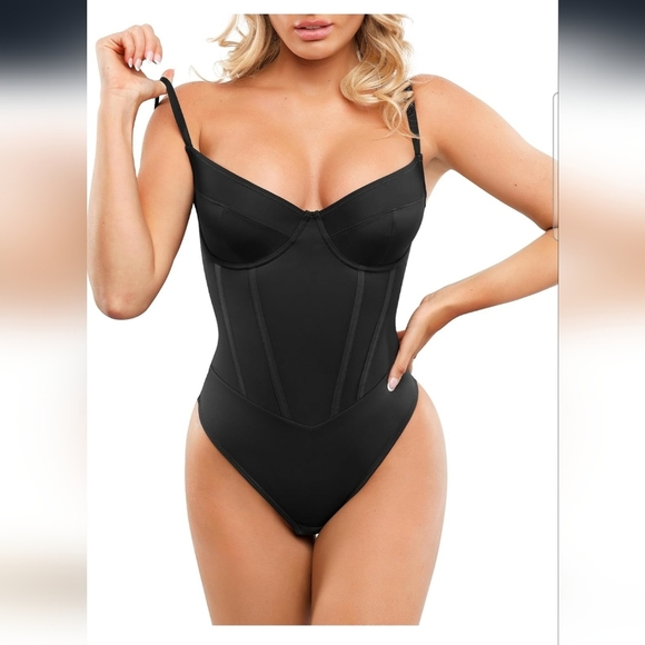 Popilush Black V Neck Corset Shapewear Tummy Control Bodysuit Size Small - Picture 1 of 12